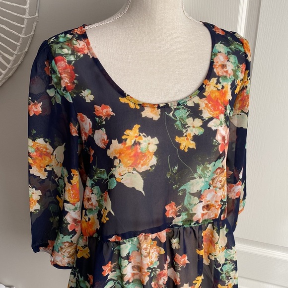 Charming Charlie - Navy & Floral Sheer Babydoll Top w/Open Back - Picture 5 of 8